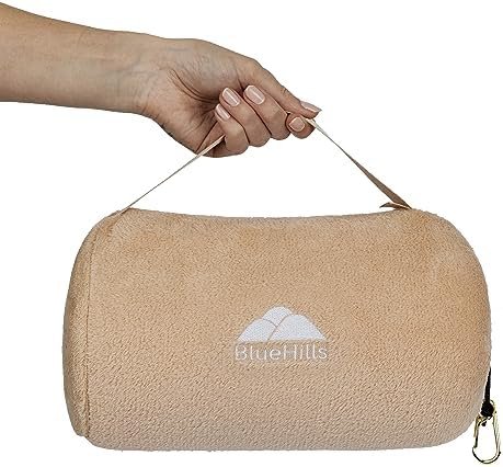 BlueHills Travel Blanket Pillow Rolled Premium Soft Plush Airplane Throw Traveler Essentials Gift Compact in a Bag 70X48 inches Long Car Plane Flight Portable Beige R06 - Image 9