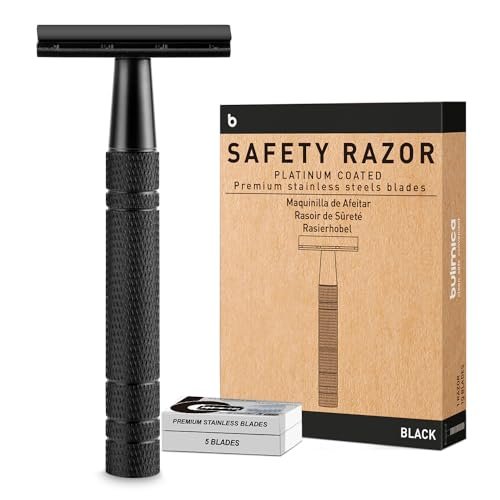 Double Edge Safety Razor for Men, Single Blade Razors for Men and Women, with 10 Platinum Coated Safety Razor Blades, Face Razors for Men Shaving, Travel Essentials Reusable Metal Razor, Matte Black