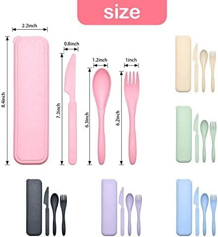 Reusable Travel Utensils Set with Case, 6 Sets Wheat Straw Portable Knife Fork Spoons Cutlery, Eco-Friendly BPA Free Plastic Tableware for Kids Adults Travel Picnic Camping Utensils - Image 7