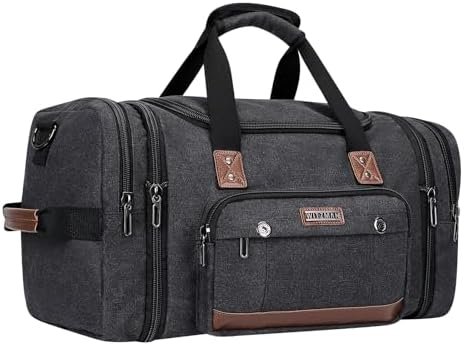 WITZMAN Mens Duffle Bags for Traveling Canvas Weekender Travel Bag Expandable Overnight Bag Carry on Bag(A8007 Black)