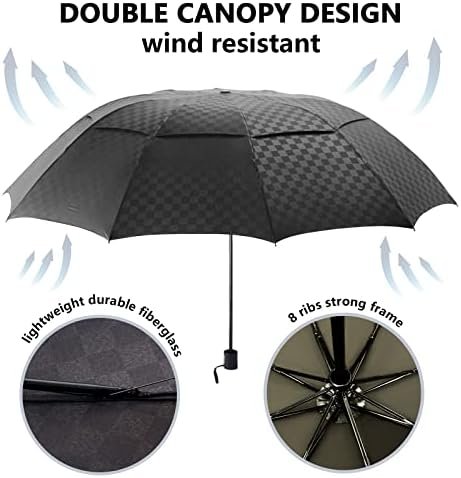 Satol Large Golf Umbrella 62 Inch, Automatic Windproof Double Canopy Vented 8 Ribs Sturdy Folding Umbrella, UPF 50+ Portable Wind Resistant Sun & Rain Compact Umbrellas for Travel (checkered) - Image 3