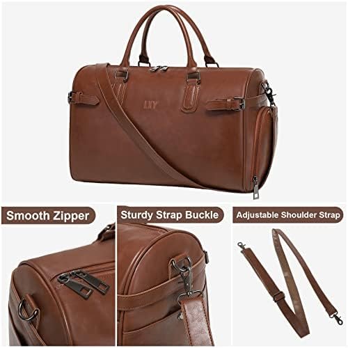 Vegan Leather Duffle Bag, LXY Travel Duffle Weekender Bag with Shoe Compartment, Duffel Overnight Gym Bags for Women Men Brown - Image 5