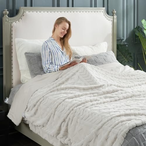 Cozy Bliss Faux Fur Throw Blanket for Couch, Jacquard Fuzzy Plush Soft Thick Winter Throw Blanket for Sofa Bed Living Room Bedroom,50"x60" Beige - Image 5