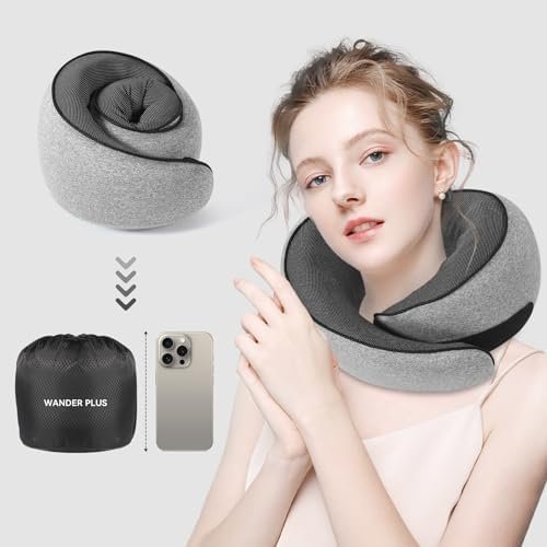 WANDER PLUS® Genuine Travel Pillow, 100% Pure Memory Foam Neck Pillow for Airplanes, Comfortable Breathable Cover, 360° Support Stowable Pillows for Sleeping, Car, Airport Travel Essentials, Grey - Image 4