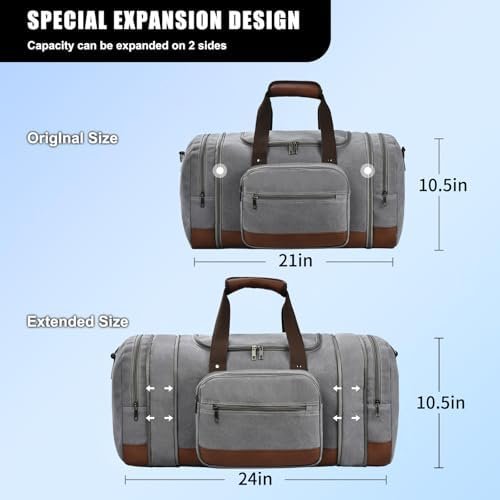 Dimayar Canvas 50L Duffle Bag for Travel,Expandable Carry on Bag,Overnight Weekend Gym Bag Duffel Bag Mens Travel Bag (Gray) - Image 2