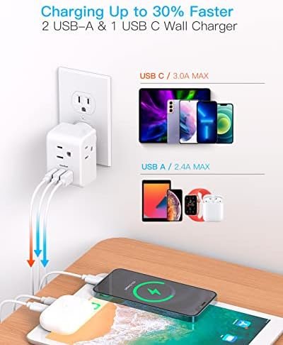 Multi Plug Outlet Extender, Power Strip Non Surge Protector Electric Outlet Splitter with 3 USB Wall Charger (1 USB C), Multiple Outlet Expander for Cruise, Dorm, Travel, Home, Office - Image 3