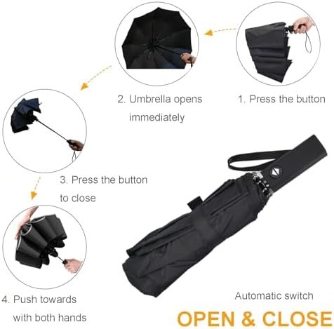Windproof Travel Umbrella, Rain Sun and UV Resistant Auto Open Close Compact Portable Folding Umbrella for Car, Backpack, Men and Women, Black - Image 5
