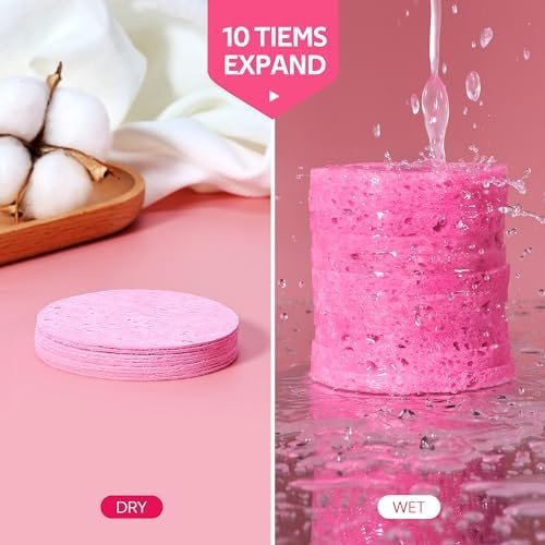 50-Count Compressed Facial Sponges for Daily Facial Cleansing and Exfoliating, 100% Natural Cosmetic Spa Sponges for Makeup Remover, Reusable, Pink - Image 4