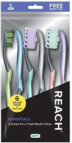 Reach Essentials Toothbrush with Toothbrush Caps, Multi-Zoned Angled Soft Bristles, Contoured Handle, Tongue Scraper, 6 Count