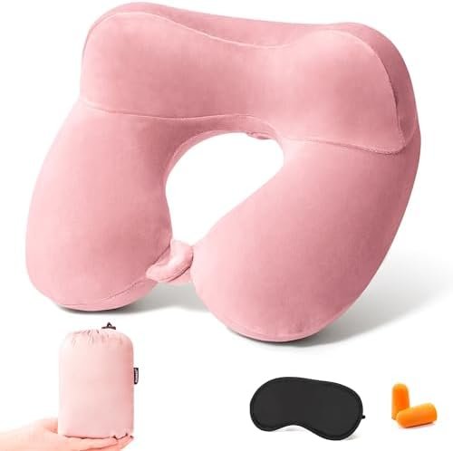 Anmerl Inflatable Travel Pillow Soft Velvet Portable Neck Pillow with Storage Bag for Airplane Train Car Office