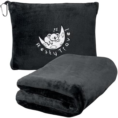 Resty Travel Blanket - Compact Airplane Blanket with Bag - Small and Lightweight Traveling Blanket & Pillow - Portable Blankets with Carabiner for Easy Transport - Plane Train Car (Onyx Black)