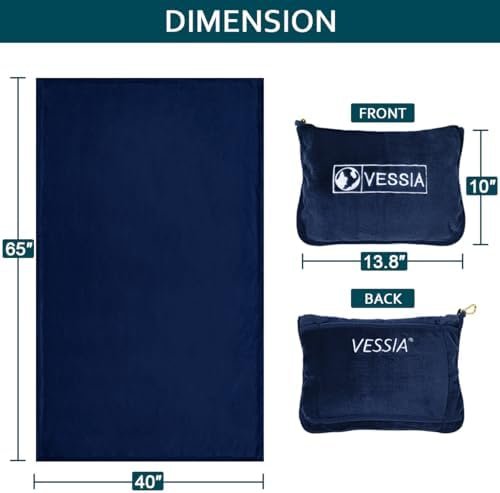 Vessia Travel Blanket for Airplane, Train and Car, Warm and Soft Travel Blanket in Bag for Adults and Kids, Portable Compact Long Flight Blanket with Luggage Sleeve, Backpack Clip(Navy) - Image 5
