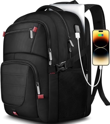 Extra Large Backpack, 50L Travel Backpack, 17 inch Laptop Backpack for Men, TSA Approved Heavy Duty Backpack with USB Charging Port, Anti Theft Backpack for Business Work College, Black