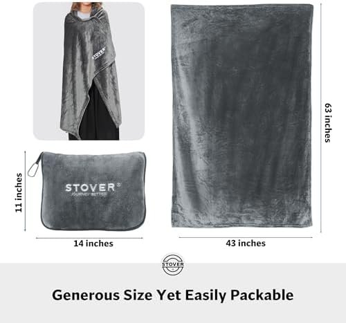 STOVER 2-in-1 Combo Airplane Travel Blanket & Pillow Bag- Lightweight, Compact, Packable, Warm Premium Fleece Set for Long Flights- w/Luggage Sleeve & Backpack Clip- for Men, Women & Families (Grey) - Image 4