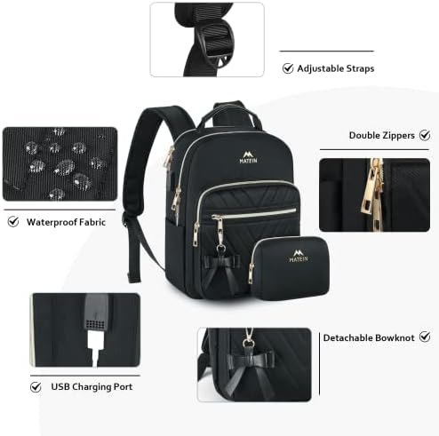 MATEIN Mini Backpack for Women, Waterproof Stylish Daypack Purse Shoulder Bag with USB Charging Port, Lightweight Small Casual Daily Travel Backpack, Lady Girls Gifts for Work School, 2pcs Sets, Black - Image 3