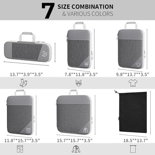 Barsine Packing Cubes Set of 7 Compression Suitcase Luggage Organizer Bags for Travel Accessories, Black - Image 2