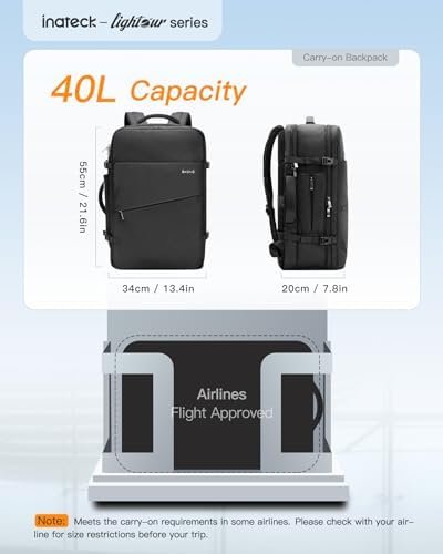 Inateck 40 L Travel Backpack,Carry On Laptop Backpack for Flight Approved,Business Travel Cabin Hand Luggage Fit 17 Inch Laptop, with Rain Cover for Men Women - Black - Image 2