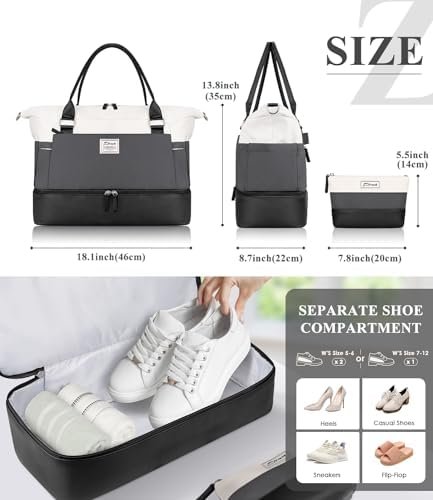 ETRONIK Weekender Bags for Women, Personal Item Travel Bag with Shoe Compartment, Carry On Overnight Bag with Toiletry Bag, Gym Bag with Wet Pocket,Duffel Bag for Travel, Sports, Hospital Black&Grey - Image 4