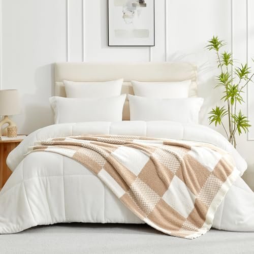 Snuggle Sac Checkered Blanket, Beige Throw Blanket for Couch Plaid Microfiber Fluffy Warm Cozy Fuzzy Soft Throw Blanket Reversible Checkerered Blankets for Sofa, Chair, Bed, 50x60 inches - Image 6