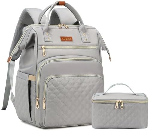 AIJIEKE Lunch Backpack for Women, 15.6 inch Laptop Backpack for Women, Work Backpack for Women with Insulated Cooler Lunch Bag for Travel Nurse Teacher, Grey
