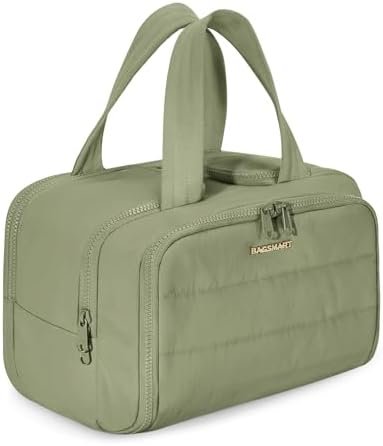 BAGSMART Travel Toiletry Bag, Lightweight Large Wide-open Travel Bag for Women, Puffy Cosmetic Makeup Bag Organizer with Handle for Accessories,Essentials, Toiletries, Green