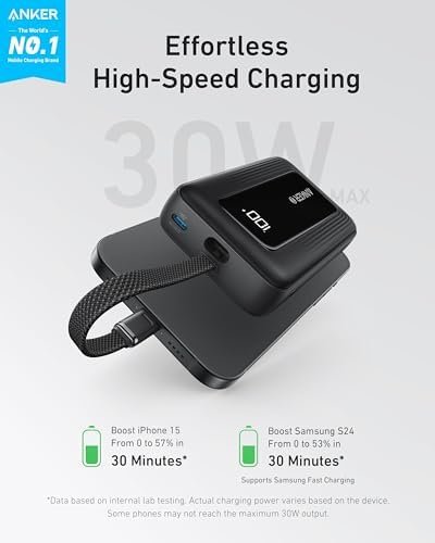 Anker Zolo Power Bank, 10,000mAh 30W Portable Charger with Built-in USB-C Cable for Travel, Fast Charging Battery Pack for iPhone 16/15 Series, MacBook, Galaxy, iPad, and More - Image 2