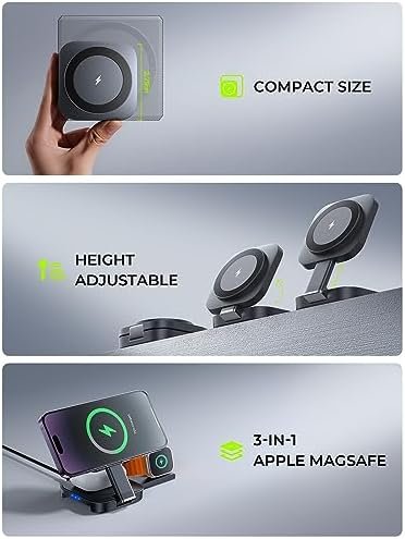 LISEN 3 in 1 Wireless Charging Station for Apple Devices Magsafe for iPhone Magnetic Charger Stand, Travel for iPhone Charging Station Multiple Devices Fits iPhone 16 15 Pro Max Airpods iWatch - Image 2