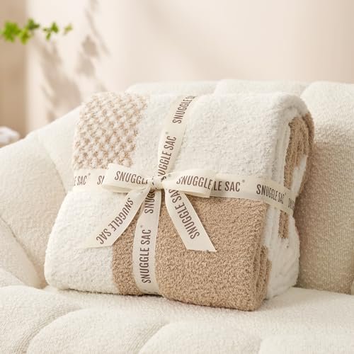 Snuggle Sac Checkered Blanket, Beige Throw Blanket for Couch Plaid Microfiber Fluffy Warm Cozy Fuzzy Soft Throw Blanket Reversible Checkerered Blankets for Sofa, Chair, Bed, 50x60 inches - Image 2