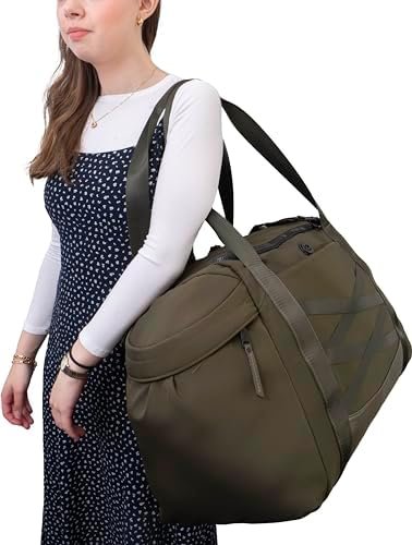 Joan & David 21" Foldable Gym Duffel Bag with Multiple Zippered Compartments, Nylon Webbing Criss-cross Design, Detachable Pouch, Including TSA Approved Bottles (Olive) - Image 5