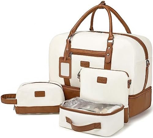 Wogarl 4PCS Weekender Bags for Women Large Overnight Bag Weekend Travel Duffel Bag Carry on Shoulder with Shoe Compartment Canvas Toiletry Bag for Travel Business Gym,Beige