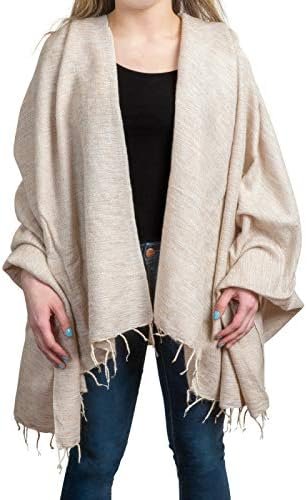 Handmade Soft Wool Shawl Wrap Pashmina Mothers Day or Christmas Gift Wearable Blanket, Over Sized Winter Scarf 50" x 72" Nepali Blanket Throw - Beige for Women