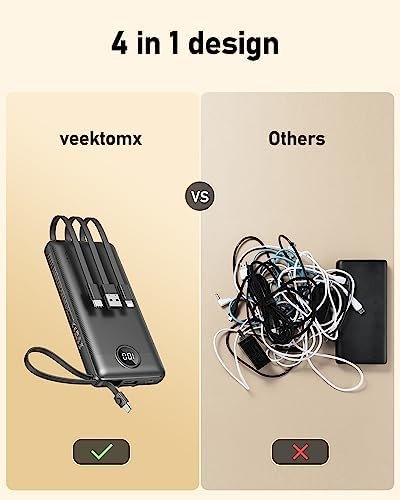VEEKTOMX Portable Charger with Built-in Cables, 10000mAh Power Bank for iPhone, Slim Fast Charge USB C Battery Pack, Travel Essentials Powerbank Compatible with iPhone 15/14/13, Samsung, Android, etc - Image 2