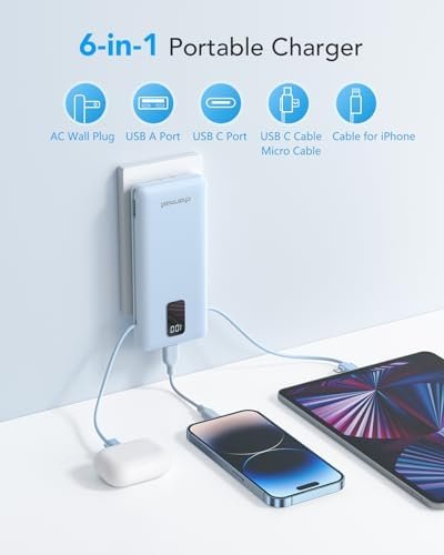 Charmast Portable Charger with Built-in Cables & Wall Plug, 10000mAh Portable Power Bank, External Battery Pack Travel Essentials Compatible with iPhone 16/15/14/13, Samsung, iPad etc - Image 2