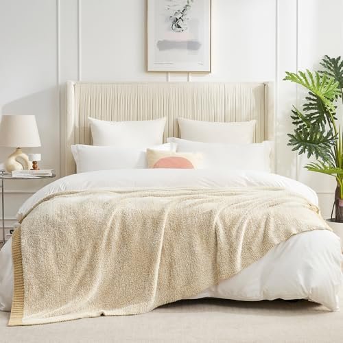 Amélie Home Super Soft Faux Fur Feather Yarn Throw Blankets for Couch, Lightweight Reversible Knit Throw Blanket for Sofa Chair Bed, 50"x 60", Heather Beige - Image 5