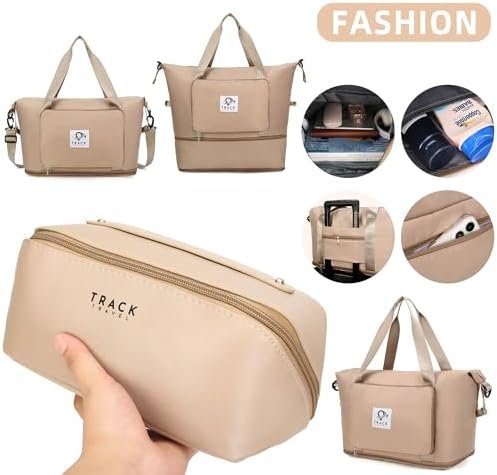 Large Capacity Folding Travel Bag Dry Wet Separated Gym Bag for Man and Woman Cosmetic Travel Bag Portable Travel Lightweight Waterproof Oxford Fabric Duffel Bag Workout Bag (Champagne) - Image 5