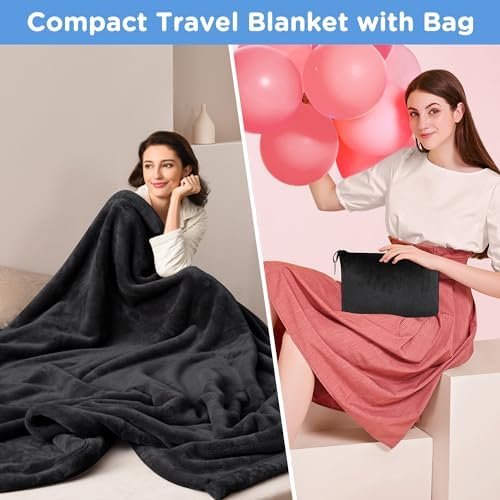 ATsense Travel Blanket Pillow, Premium 2 in 1 Soft Airplane Blanket Compact with Bag Pillowcase, Hand Luggage Sleeve and Backpack Clip - Travel Essentials for Long Trips, Flying and Car, Black - Image 2