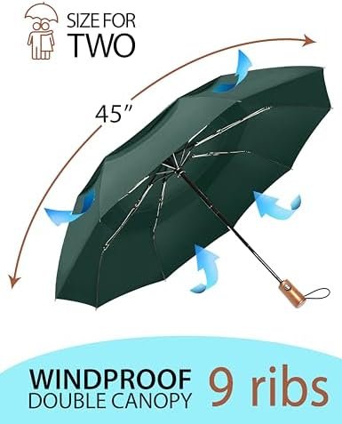 PREMIUM UMBRELLAS for Rain Windproof Travel Dark Green Umbrella - Large Double Canopy but Compact Folding Portable - Automatic Strong Wind Resistant Construction - Womens Mens Umbrella for Backpack - Image 4