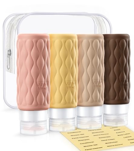Travel Bottles for Toiletries, 3.4 oz TSA Approved Silicone Travel Bottles with Clear Toiletry Bag and Labels, Essential Travel Accessories for Shampoo Conditioner Lotion, 4 Pack (Cream)