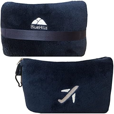 BlueHills Travel Blanket Pillow in Mini Soft Case Premium Plush Airplane Blanket in Soft Bag Compact Pack with Luggage Belt and Backpack Clip Long Flights Essentials Traveling Plane - Navy Blue M04