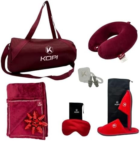 KOPI-Travel Blanket and Pillow. The Most Complete and Premium Travel Set with Pillow Memory Foam, Sleep mask, and More, Including a complimentary Soft Blanket, Wine Red, Gifts for Women and Men.