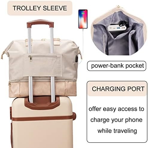 MINKARS Weekender Bag with Shoe Compartment Travel Tote Overnight Bag, Personal Item Bag for Airlines 17 Inch, Beige - Image 4