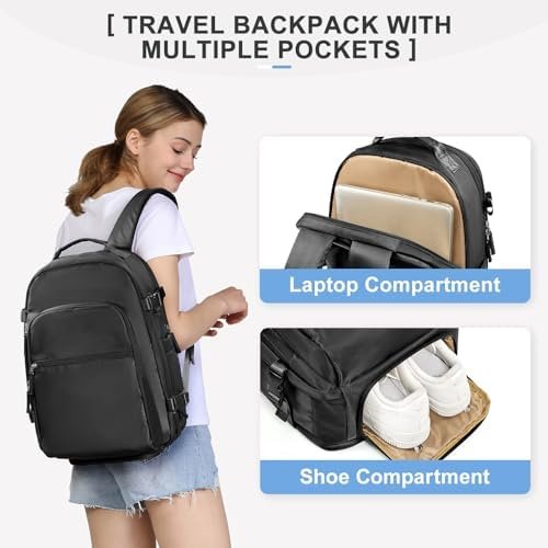 coowoz Large Travel Backpack Carry on Flight Approved Personal Item Travel Bag Carry on Backpack for Women Men Mochila de Viaje Para Mujer Travel Essential Black Backpack for Traveling on Airplane - Image 2
