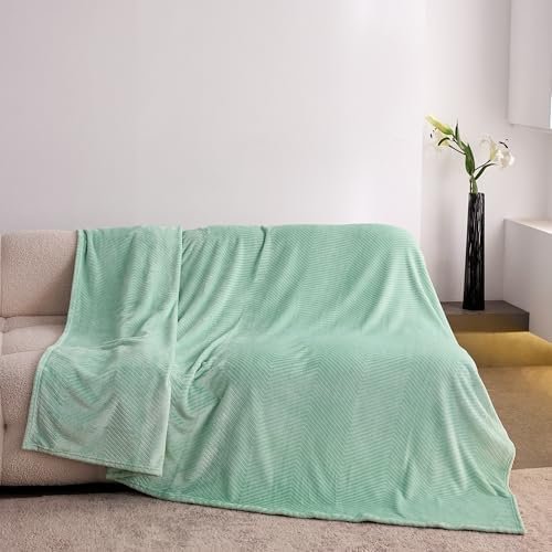 Throw Blanket 50x60 Inches, 3D Jacquard Premium Lightweight Silky Fleece with Fluffy Fuzzy Sherpa for Bed, Sofa,Travel and Camping, 50"x60", Sage Green - Wave