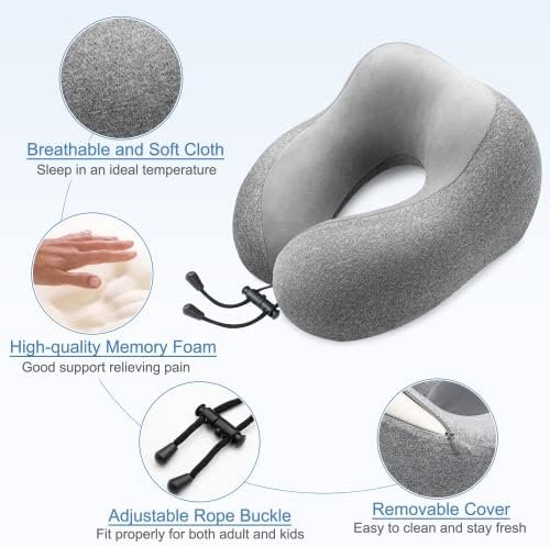 Travel Pillow - Memory Foam Cervical Neck Pillow for Adults, Kids, Children, Convenient & Portable U Shaped Pillows, Airplane Pillow for Home, Office, Camping, Travelling, Sleeping (Gray) - Image 3