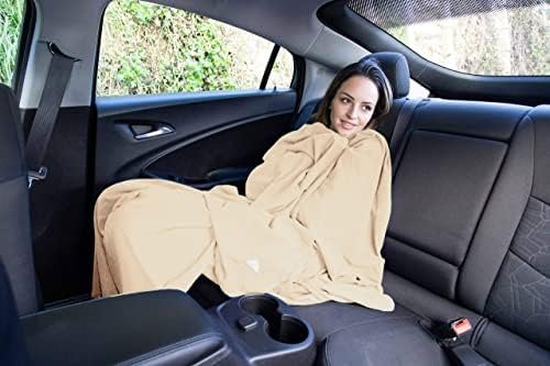 BlueHills Ultra Compact Travel Blanket Pillow for Airplane Traveling Essential Long Flight Trip Throw in Bag Portable Case Large Plane Accessories Beige - C007 - Image 4