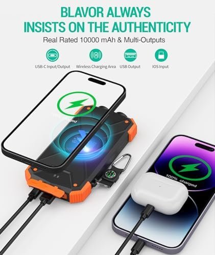 BLAVOR Solar Charger Power Bank 10,000mAh, Portable Wireless Charger, 20W Fast Charging External Battery Pack with USB C for Cell Phones, Solar Panel Charger with Dual Flashlight for Camping - Image 5