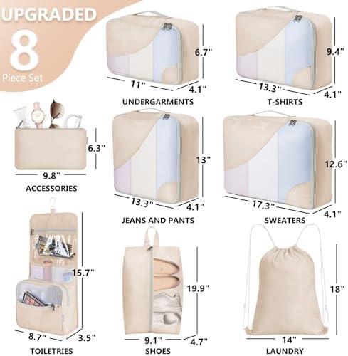 8 Pieces Packing Cubes for Travel, Sturdy Suitcase Organizer in 4 Sizes (Extra Large, Large, Medium, Small), OlarHike Luggage Cubes with Toiletry Bag, Travel Essentials, Cruise Ship Gifts for Women - Image 2