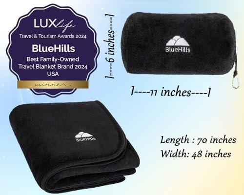 BlueHills Travel Blanket Pillow Rolled Premium Soft Plush Airplane Throw Traveling Accessories Gifts Compact in a Bag 70 X 48 inches Long Plane Flight Portable Lightweight Black R05 - Image 3