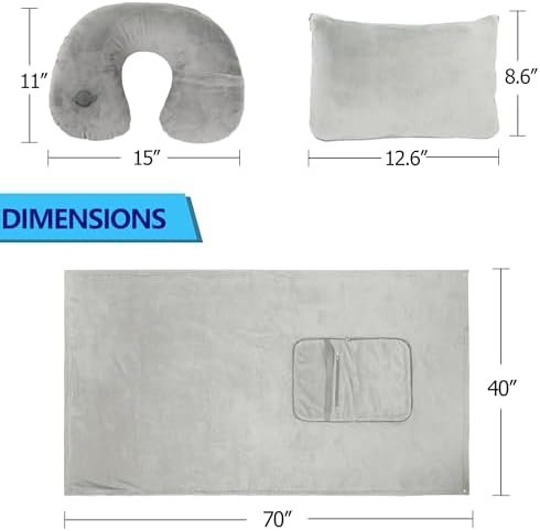 Travel Blanket and Pillow Set - Inflatable Travel Neck Pillow with Washable Soft Cover, Premium Soft Airplane Blanket with Built-in Bag, Zippered Pouch, and Hand Luggage Strap, 70" x 40" (Grey) - Image 2