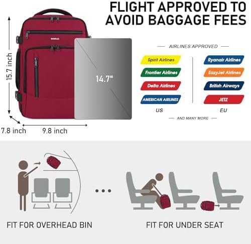 ECOHUB 16'' Travel Backpack For Women Men Airline Approved Personal Item Travel Bag Travel Essentials Laptop Backpack Casual Daypack Small Hiking Backpack Lightweight Waterproof Backpack, Red - Image 2